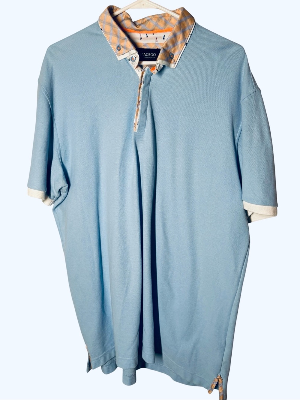 Men's MACEOO Light Blue Polo with Peach-Check Collar 6/2XL